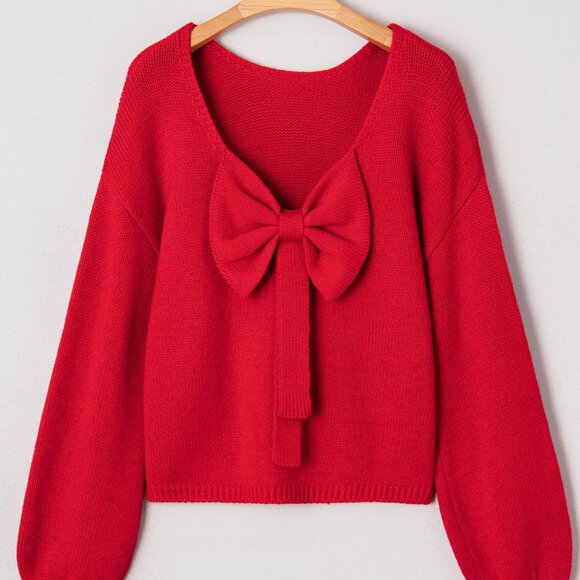 B346 Fiery Red Festive Bow Backless Bubble Sleeve Sweater - Picture 4 of 6